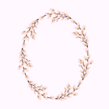 Söğüt çelengi. Söğüt dallarından yapılmış oval çerçeve. Söğüt sapından yapılmış Paskalya çelengi. Davetiyeler, kartpostallar, yazdırma için tasarım.