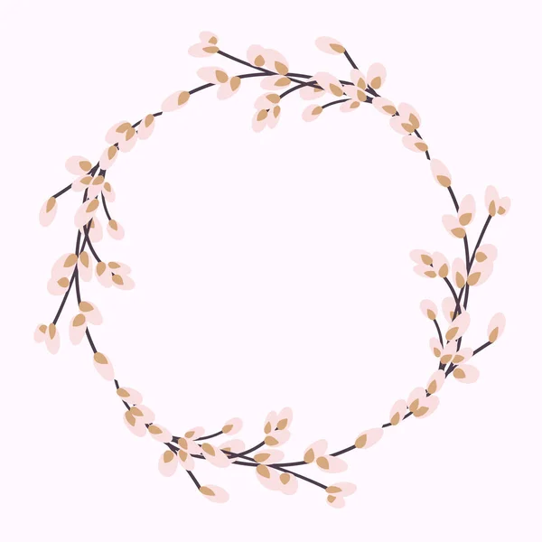 Willow wreath. Round frame made of willow twigs.Easter wreath made of willow stalks.Design for postcards, printing. — Stock Vector