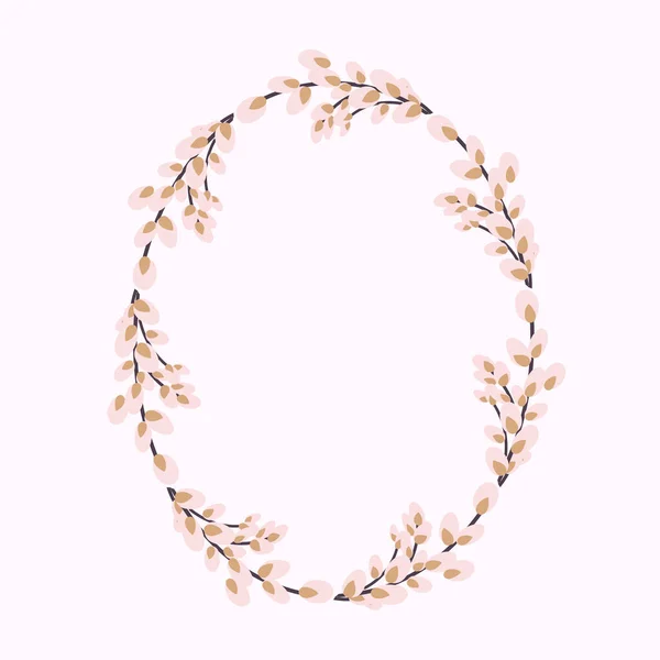 Willow wreath. Oval frame made of willow twigs. Easter wreath made of willow stalks.Vector flat illustration. Design for invitations, postcards, printing. — Stock Vector