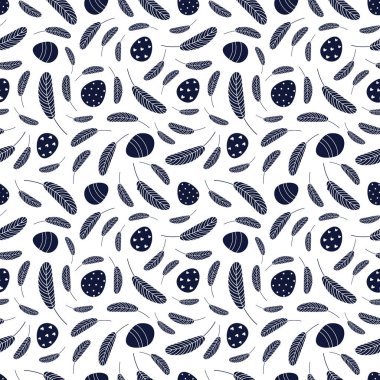 Paskalya yumurtaları ve tüyleri pürüzsüz. Siyah ve beyaz paskalya deseni düz stil. Tekstil, ambalaj ve ambalaj için dizayn edilmiş. Vektör illüstrasyonu