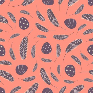 Yumurtalar ve tüyler Paskalya 'da pürüzsüz. Paskalya, tekstil, kağıt, baskı, hatıra defteri, tebrik kartları için tasarım. Vektör illüstrasyonu