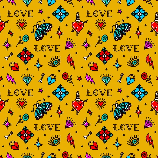 Old school tattoo seamless pattern with love symbols. Design For Valentines Day — Stock Photo, Image