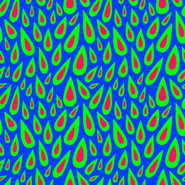  Mavi zemin üzerinde yeşil-kırmızı damlalar olan kusursuz bir desen. Çeşitli şekillerde damlaları olan soyut bir model. Vektör düz resimleme