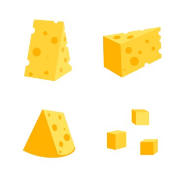 .Beyaz arka planda delikleri olan peynir, vektör düz çizim. Farklı şekillerde peynir seti: üçgen, kare