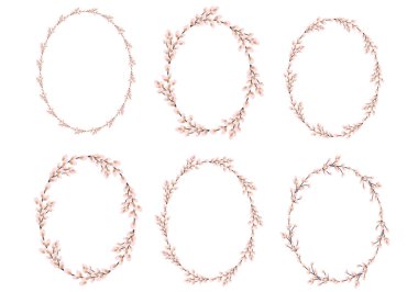 Paskalya söğüt çelengi koleksiyonu. Söğüt ağacının oval çelengi. Vektör illüstrasyonu. Davetiyeler, kartpostallar ve yazdırma için tasarım.