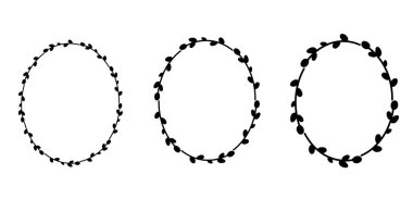 Paskalya söğüt çelengi seti. Oval çiçek çelengi. Oval çerçeve siyah siluet. Vektör düz çizim. Paskalya için tasarım, düğünler, davetiyeler, baskılar