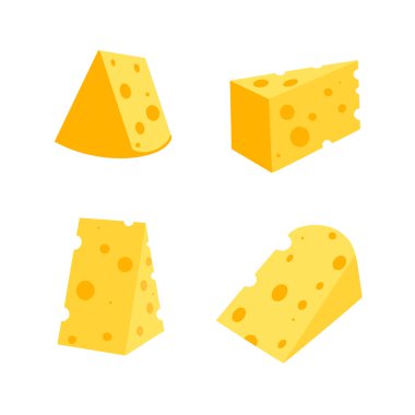 Peynir dilimleri. Çeşitli şekillerde peynir. Süt ürünleri. Düz vektör illüstrasyonu