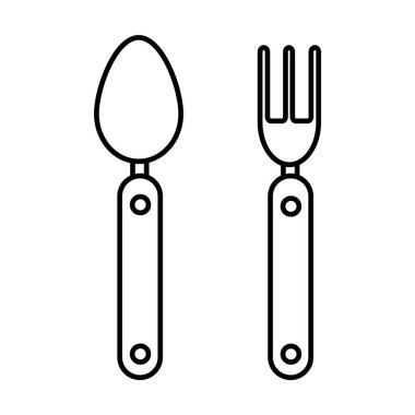 Çatal ve kaşık yolculuğu. Vektör ikonu. Yürüyüş ve kamp malzemeleri..