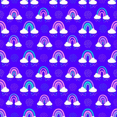 Şirin gökkuşağı ve bulutsuz desen. Bebek deseni. Vektör illüstrasyonu