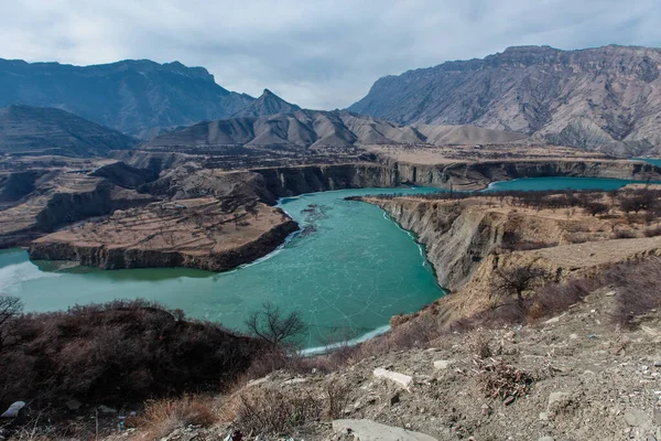 Sulak kanyonu. Kafkasya 'nın Chirkeyskaya HPP' si. Dağıstan, Rusya.