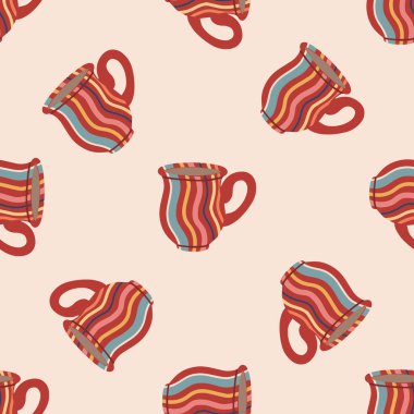 Bardaklar ve kupalarla kusursuz desen. Güzel seramik sofra takımı. Tekstil tasarımı, menüler, mataralar, lokantalar, kafeler ve restoranlar. Vektör illüstrasyonu