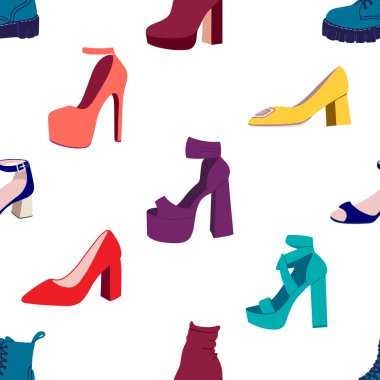 Ayakkabılarla kusursuz desen. Moda kadınlarının ayakkabıları pürüzsüz. Düz vektör illüstrasyonu