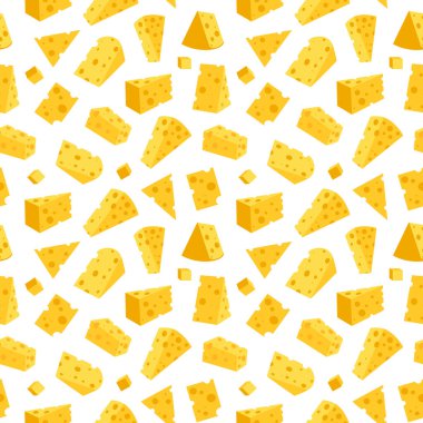 Peynir izi yok. Beyaz arka planda izole edilmiş sarı peynir parçaları. Çeşitli şekillerde peynir parçaları. Vektör düz resimleme