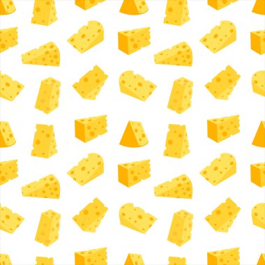 Peynir izi yok. Beyaz arka planda izole edilmiş sarı peynir parçaları. Çeşitli şekillerde peynir parçaları. Vektör düz resimleme