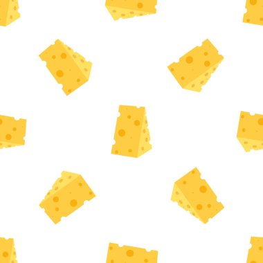 Peynir izi yok. Beyaz arka planda izole edilmiş sarı peynir parçaları. Çeşitli şekillerde peynir parçaları. Vektör düz resimleme
