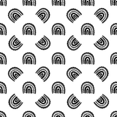 Gökkuşağı siyah ve beyaz desenli. Siyah gökkuşağı deseni. Minimalist İskandinav tarzında elle çizilmiş vektör çizimi