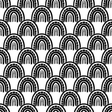 Gökkuşağı siyah ve beyaz desenli. Siyah gökkuşağı deseni. Minimalist İskandinav tarzında elle çizilmiş vektör çizimi