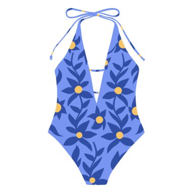 Çiçek desenli tek parça kadın mayosu. Banyo giysileri. Vektör düz resimleme