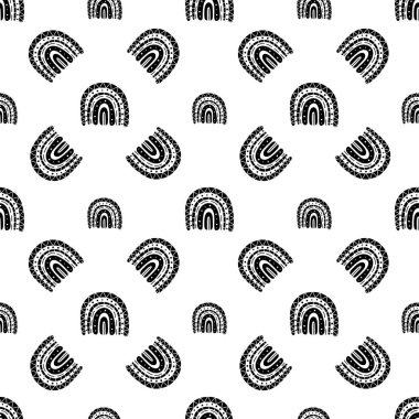 Gökkuşağı siyah ve beyaz desenli. Siyah gökkuşağı deseni. Minimalist İskandinav tarzında elle çizilmiş vektör çizimi