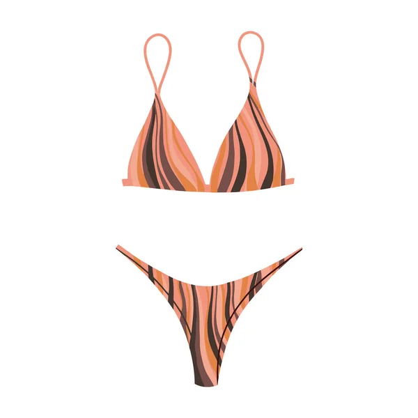 Bañador de dos piezas para mujer con estampado a rayas. Moda moderna traje de baño bikini con estilo. Ilustración de dibujos animados planos vectoriales. Ropa de baño — Vector de stock