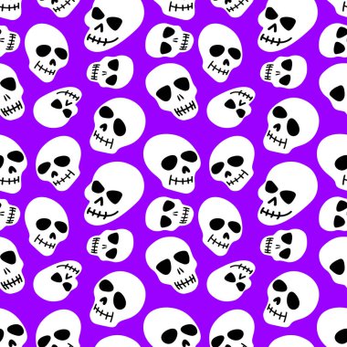 Kafatası deseni. Mor arka planda kafatasları. Vektör çizimi. Cadılar Bayramı için parlak ve modaya uygun tasarım, Ölüler Günü, dövmeler, baskılar, post
