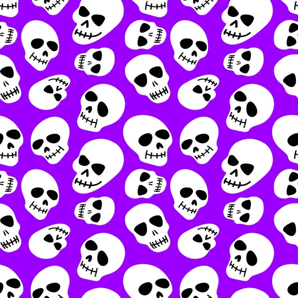 Padrão de crânio. Crânios em fundo púrpura. Ilustração vetorial. Design brilhante e elegante para Halloween, Dia dos mortos, tatuagens, impressões, post —  Vetores de Stock