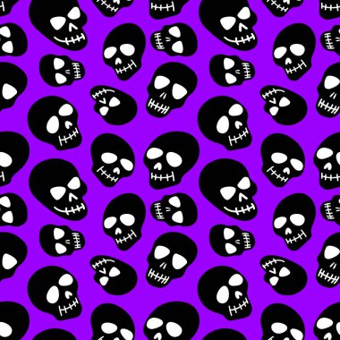 Kafatası deseni. Mor arka planda siyah kafatasları. Vektör çizimi. Cadılar Bayramı için parlak ve modaya uygun tasarım, Ölüler Günü, dövmeler, baskılar, post
