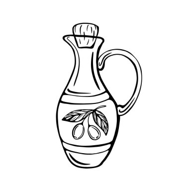 El yapımı zeytinyağı şişesi beyaz arka planda izole edilmiş. Ekstra saf zeytinyağı. Eski tarz. Doodle biçiminde vektör illüstrasyonu