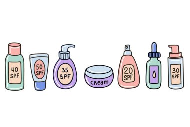 Çeşitli güneş kremi ürünlerinin kapları