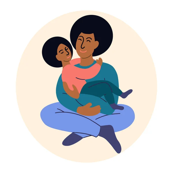 Ο Αφρο-Αμερικανός πατέρας αγκαλιάζει τον γιο. Η ιδέα της Ημέρας Πατέρων. Εικονογράφηση φορέα κινουμένων σχεδίων — Διανυσματικό Αρχείο