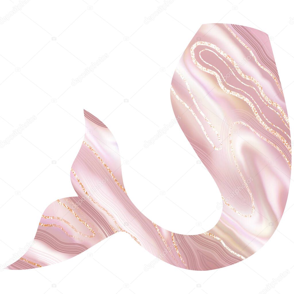 Pink mermaid Tail hand-drawn illustration. Marble Fishtail