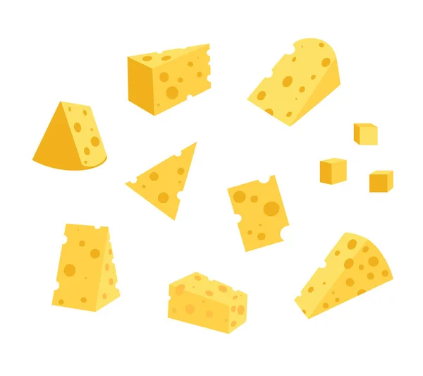 .Beyaz arka planda izole edilmiş peynir, vektör düz çizim. Bir dizi farklı peynir. — Stok Vektör