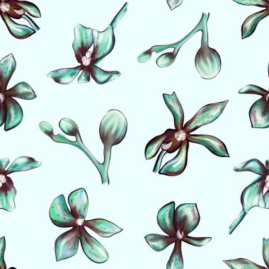 Mavi arka planda bir orkidenin kusursuz botanik deseni. Orkidelerin güzel Botanik çizimi. Tekstil, kartpostallar, web için tasarım