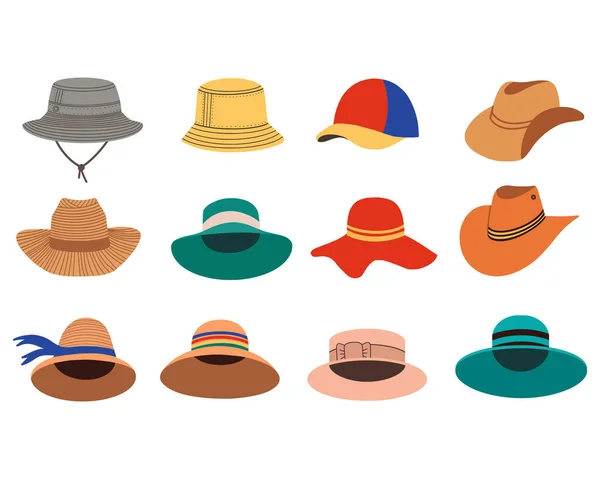 Un juego de sombreros de verano para mujeres. Sombreros de verano y primavera. Ilustración plana vectorial — Vector de stock