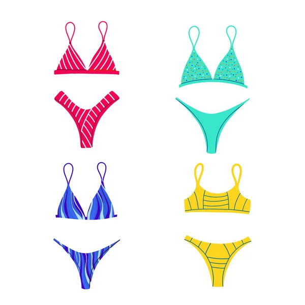 Eine Kollektion modischer Badeanzüge. Bademode. Zweiteilige Badeanzüge, Bikinis. Vektorflache Illustration — Stockvektor