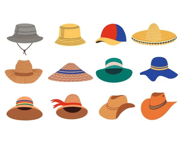 Un juego de sombreros de verano para mujeres. Sombreros de verano y primavera. Ilustración plana vectorial — Vector de stock