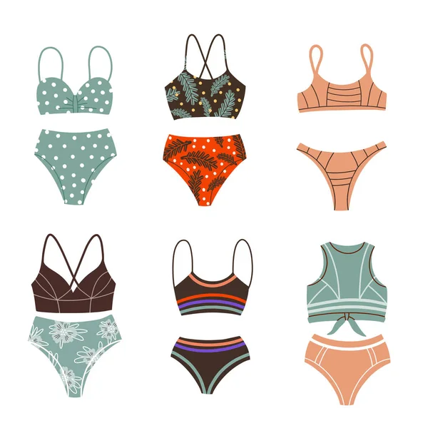 A set of different fashionable swimsuits. Beachwear. Two-piece bathing suits, swimsuits in retro style, sports. Vector Flat Illustration — Stock Vector