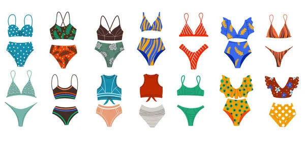 A set of different fashionable swimsuits. Beachwear. Two-piece bathing suits, swimsuits in retro style, sports. Vector Flat Illustration — Stock Vector