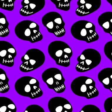 Kafatası deseni. Mor arka planda siyah kafatasları. Vektör çizimi. Cadılar Bayramı için parlak ve modaya uygun tasarım, Ölüler Günü, dövmeler, baskılar, post