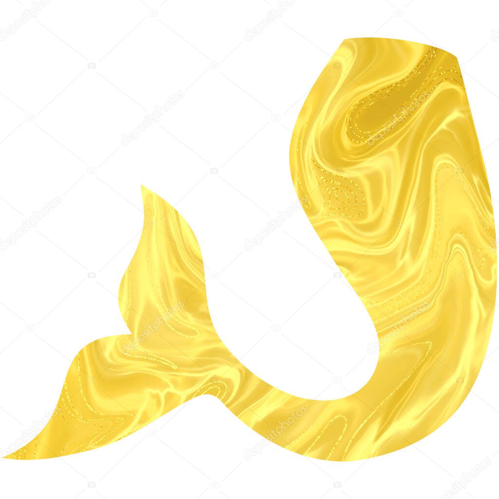 Golden mermaid tail. Golden fishtail. Hand-drawn illustration. Design for printing, stickers, banners, packaging