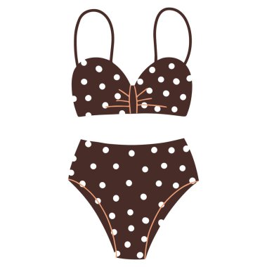 Puantiyeli kahverengi iki parçalı mayo. Eski tarzda bir mayo.