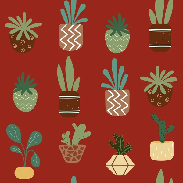 ホーム鉢植えのシームレスなパターン。土本調の文様と宝生流の自然色 — ストックベクタ