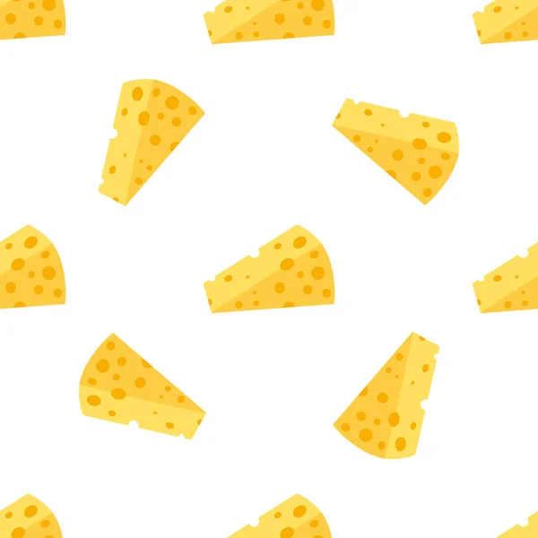 치즈의 솔기없는 패턴. 노란 치즈 조각들 이 흰색 배경에 분리되어 있습니다. 다양 한 모양의 치즈 조각들. 반사기 편평 한 그림 — 스톡 벡터