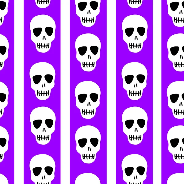 頭蓋骨のパターン。紫色の背景に頭蓋骨。ハロウィンのための明るくファッショナブルなデザイン、死者の日、入れ墨、プリント、ポスト — ストックベクタ