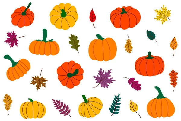 Otoño hojas caídas y calabazas Juego de Acción de Gracias, Cosecha, Halloween.Vector Ilustración — Archivo Imágenes Vectoriales