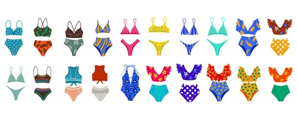 A set of different womens swimsuits. Beachwear. Two-piece swimsuits, retro-style swimsuits, sports. Vector Flat Illustration — Stock Vector