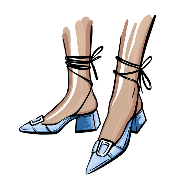 Slanke vrouwelijke benen in sandalen. Modeillustratie. Handgetekende vectorillustratie — Stockvector