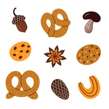 Çeşitli hamur işleri ve sonbahar yaprakları.