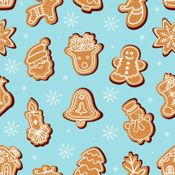Biscotti di pan di zenzero di Natale tra i fiocchi di neve. illustrazione vettoriale — Vettoriale Stock