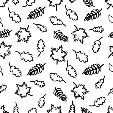 Siyah yaprakların doğrusal siluetlerinin kusursuz deseni. vektör illüstrasyonu